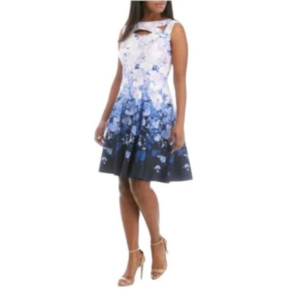 Gabby Skye Dress 18W Blue Purple White Scuba A Line Stretch Washable NEW - Picture 1 of 14